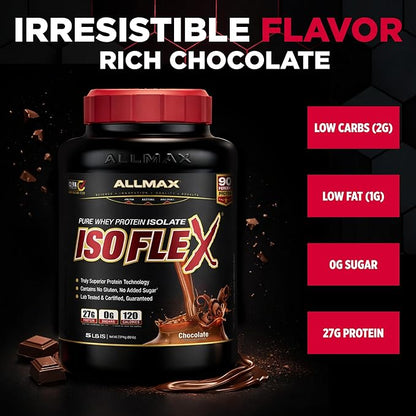 ALLMAX ISOFLEX Pure Whey Isolate Protein Powder - Gluten Free, Low Lactose, Sugar-Free - High-Protein, Clean, Keto-Friendly for Pre Post Workout Supplement for Women and Men | Chocolate, 5lb