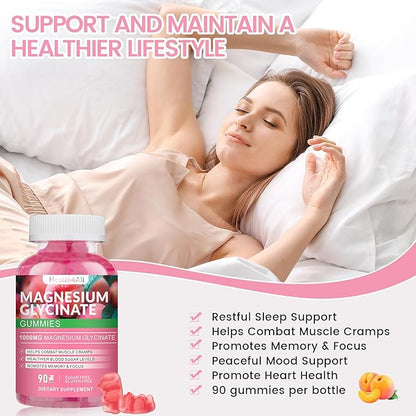 Magnesium Glycinate Gummies 1000mg, High Absorption Sugar Free Magnesium Potassium Supplement for Relaxation, Stress Relief, and Sleep Support for Adults & Kids - 180 Peach Gummies