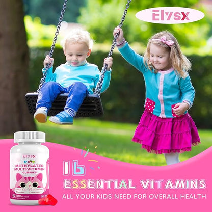 Kids Methylated Multivitamin Chewable Gummies, MTHFR Supplement with L Methylfolate, Magnesium, Biotin, Choline, Inositol, DHA, TMG & Coq 10, Immune & Brain Support, Strawberry Flavor, 120 Ct