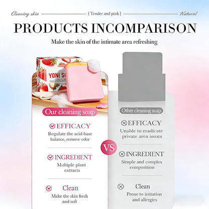 pH Balanced Feminine Soap for Women, Strawberry Odor Control & Hydration, Deep Cleanse, Pure Natural Plant Extracted Essence, Gentle Yet Effective for Daily Intimate Hygiene, Vegan, Pink