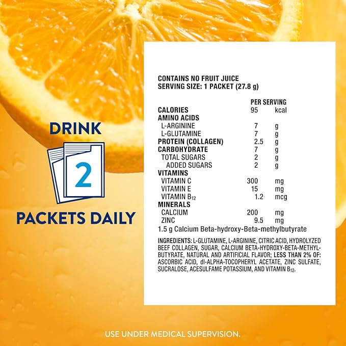 Juven Therapeutic Nutrition Drink Powder Including Collagen Peptides, Amino Acids, and HMB for Wound Healing Support, Orange, 30 Packets