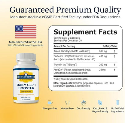 Simple Burn Daily GLP-1 Booster Weight Management Supplement with Berberine HCl for Women - GLP1 Natural Appetite Suppressant - Supports Fat Metabolism & Craving Control - 60 Capsules