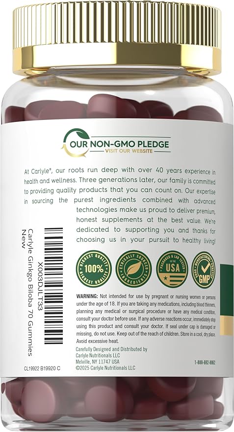 Carlyle Ginkgo Biloba | 70 Gummies | 45:1 Leaf Extract | with Peach Raspberry Flavor | Vegan, Non-GMO, Gluten Free Supplement