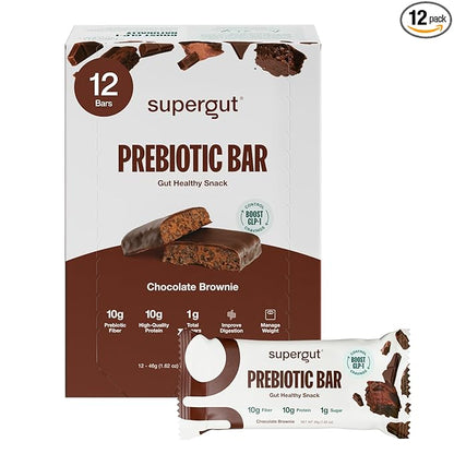 Supergut GLP-1 Boosting Prebiotic Bars, Chocolate Brownie - Gut Healthy Protein Snacks & Breakfast Bars - Keto-Friendly Meal Replacement Energy Bars (12 Count)