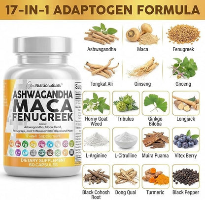 Clean Nutraceuticals Ashwagandha Maca Root Fenugreek Supplement with Tongkat Ali Ginseng - Assists with Stress, Mood & Thyroid - Ashwagandha Capsules Fenugreek Caps - 1 Pack