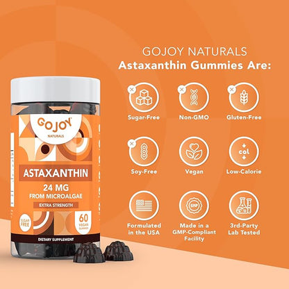 GOJOY NATURALS Astaxanthin Gummies 24mg – High Potency Antioxidant Supplement – Skin, Eye & Immune Wellness Support – Vegan, Sugar-Free, Non-GMO, Gluten-Free, Soy-Free – 60 Gummies