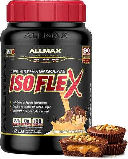 ALLMAX ISOFLEX Pure Whey Isolate Protein Powder - Gluten Free, Low Lactose, Sugar-Free - High-Protein, Clean, Keto-Friendly, Pre Post Workout Supplement, Women and Men | Chocolate Peanut Butter, 2lb