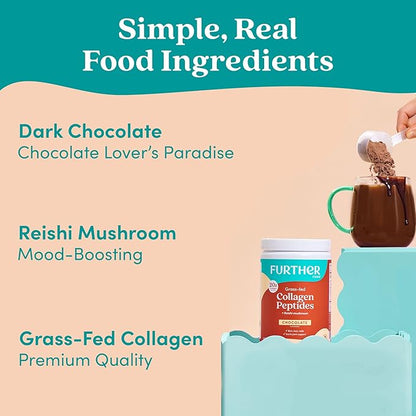 Further Food Chocolate Collagen Peptides Powder with Reishi Mushroom - 100% Grass-Fed, Hydrolyzed Type 1 & 3, 20g of Collagen per Serving, Supports Skin, Hair, Nails & Joints, 11.36 Oz