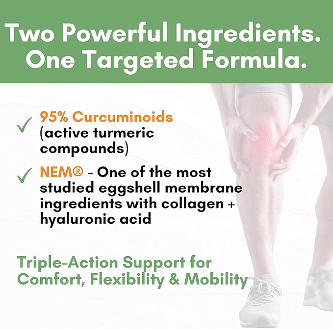 Turmeric Curcumin 95% Extract & Collagen Capsules - NEM Promotes Knee Comfort & Flexibility - Eggshell Membrane w Naturally Occurring Glucosamine Chondroitin Hyaluronic Acid- Made in USA