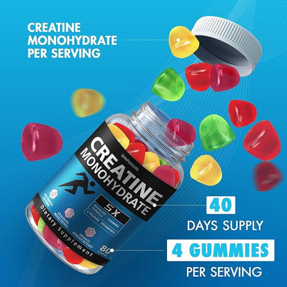 Creatine Monohydrate Gummies for Men & Women - Low Sugar Chewable Creatine Gummies - Muscle Support, Energy & Fitness Supplement, Mixed Various Fruit Flavors - 80 Count