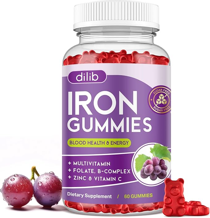 Iron Gummies with Multivitamin, Iron Supplement for Women & Men with Zinc, Vitamin B Complex & C, B12, Folate - Blood Builder & Energy Support for Adults & Kids - Grape Flavor, Vegan 60 Gummies