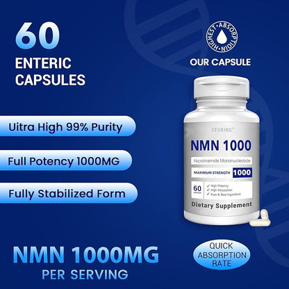 NMN 1000mg Per Serving Maximum Strength - 99% Pure NMN (Nicotinamide Mononucleotide) for NAD, Cell, Immune, Energy, Anti-Aging & Longevity, Stabilized NMN Supplements 1000mg - 60 Veggie Capsules