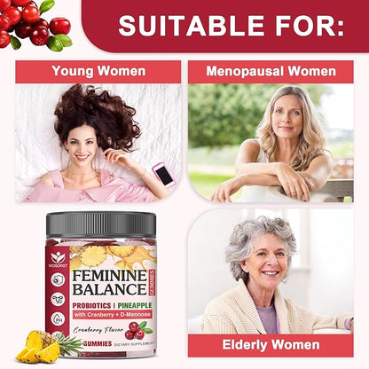 Feminine Balance Gummies for Women - Vaginal Health, pH Balance Support, Pineapple Probiotics Gummies for Women with Cranberry Extract and D-Mannose, Sugar Free, Vegan, Cranberry Flavor - 60Ct (2pack)