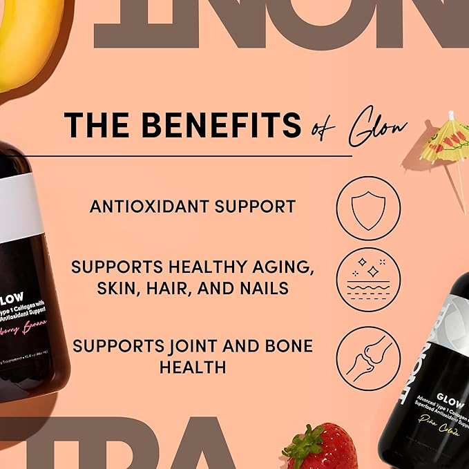 Tranont Glow Liquid Collagen for Women | Multi Collagen Peptides with Hyaluronic Acid & Biotin | Hair, Skin & Nail Support | Hydrolyzed Collagen Shot | Strawberry Banana & Piña Colada | 30 fl oz