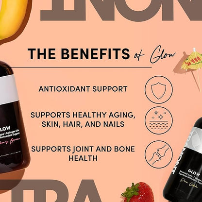 Tranont Glow Liquid Collagen for Women | Multi Collagen Peptides with Hyaluronic Acid & Biotin | Hair, Skin & Nail Support | Hydrolyzed Collagen Shot | Strawberry Banana & Piña Colada | 30 fl oz
