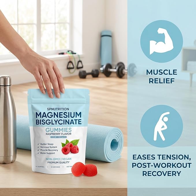 Magnesium Bisglycinate Gummies, 400mg Magnesium Bisglycinate Chelate with Sea Salt & Raspberry Powder, Supports Sleep, Nerve & Muscle Relaxation, Bone Health Support, Vegan, 60 Gummies (1)