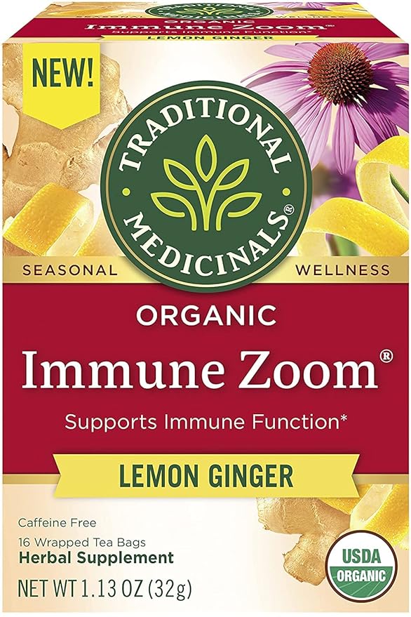 Traditional Medicinals Tea, Organic Immune Zoom Lemon Ginger - Supports Immune Function - Kosher, Non-GMO, Caffeine-Free, Compostable - 48 Tea Bags (3 Pack)