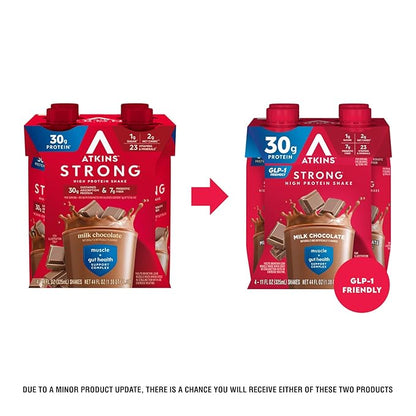 Atkins Strong High Protein Shake, Milk Chocolate, 30g Protein, 7g Prebiotic Fiber, 1g Sugar, GLP-1 Support, Muscle & Gut Health Support Complex, 12 Count