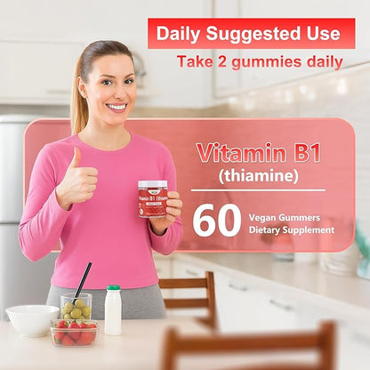 Vitamin B1 Gummies 300mg for Adults & Kids,Chewable Thiamine B1 Supplement with 150mg Magnesium,Nervous System Healthy Energy,Natural Peach Flavor,Non GMO,Vegan 60 Count Sugar-Free 1-Month Supply
