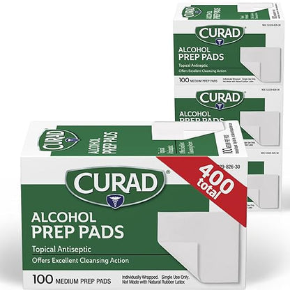 CURAD Alcohol Prep Pads (Pack of 4 Boxes), 400 Pieces of Medium Isopropyl Alcohol Wipes Individually Wrapped, First Aid Alcohol Swabs for Cuts & Scrapes, Medical Alcohol Pads for General Cleansing