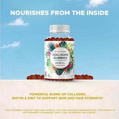 Vitamatic Hydrolyzed Collagen Gummies with Vitamin C, Zinc and Biotin, 200 mg - Healthy Skin Support - 60 Gummies