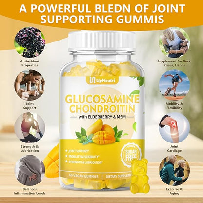 Sugar Free Glucosamine Chondroitin Gummies, Extra Strength 1500mg Glucosamine with Chondroitin MSM & Elderberry & Turmeric, Joint Support Supplement for Men & Women Move Free Joint Health