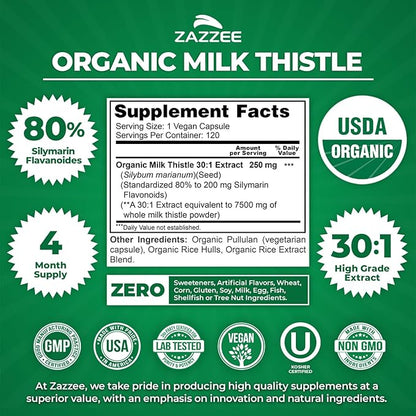 Zazzee USDA Organic Milk Thistle 30:1 Extract, 80% Silymarin, 120 Vegan Capsules, 4 Month Supply, Certified Kosher, High Potency Liver & Antioxidant Support, Silybum Marianum, Non-GMO, Made in the USA