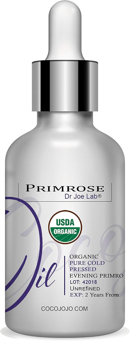 Dr Joe Lab Organic Evening Primrose Oil - USDA Certified - Pure Cold Pressed Virgin Non GMO Vegan Carrier Oil for Skin, Hair, Nails, Face- 1 oz Glass and Dropper - Hydrates & Nourishes