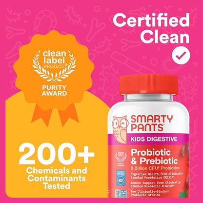 SmartyPants Kids Probiotic & Prebiotic Gummies for Digestive Health: Gut Health Supplement, Clinically Studied Prebiotic for Immune Support, Strawberry, 60 Count (30 Day Supply)