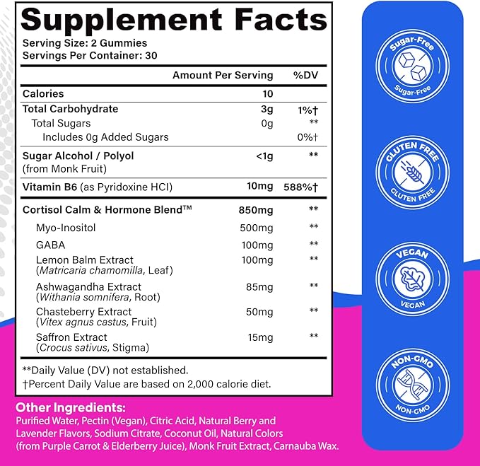 Cortisol Supplement for Women, Cortisol Reducer with Ashwagandha, Myo-Inositol, GABA & Saffron, Stress Relief, Calm, Sleep Support, Hormone Balance & PMS Support, Sugar Free Vegan Gummies, 180 Count