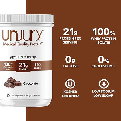 Unjury Whey Protein Powder | Chocolate Protein Powder | 21g 100% Whey Isolate Protein Powder | Low Carb and Lactose Free | Gluten Free Whey Protein Isolate | Certified Kosher | 15 Servings