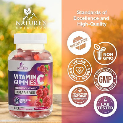 Vitamin C Gummies - 100% of Daily Vitamin C & Sugar Free - Immune Support with Powerful Antioxidants - Nature's Vegan VitaminC Dietary Supplement - Raspberry Flavor for Kids & Adults - 60 Gummies