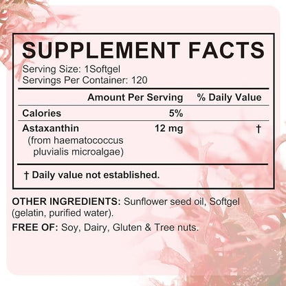 VOFANK Astaxanthin 12mg, Premium Astaxanthin Supplements with Antioxidant Activity, Supports Eye, Joint, Immune, Skin Health, Internal Circulation, Non-GMO & No Gluten 120 Softgels