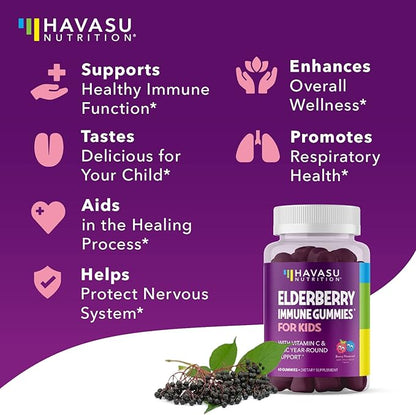 Elderberry Gummies for Kids with Zinc and Vitamin C - Immune Support Supplement for Children - 120 Count, Vegan, Berry Flavor - Convenient Daily Defense with Antioxidants and Essential Nutrients