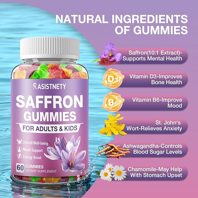 Saffron Gummies for Kids & Adults 88.5mg Saffron Extract, Cαlm, Focus & Mood Support, Saffron Supplement with L-Theanine, St.John's Wort, Lemon Balm, Magnesium, Gentle Nerve & Rest Support (Pack of 2)