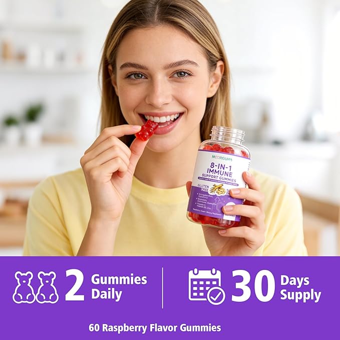 Immune Support Gummies – 8-in-1 Formula Herbal Supplements with Astragalus, Elderberry, Quercetin, Bromelain, Echinacea, Vitamin C, D3 and Zinc for Everyday Balance, Raspberry Flavor, 120 Count