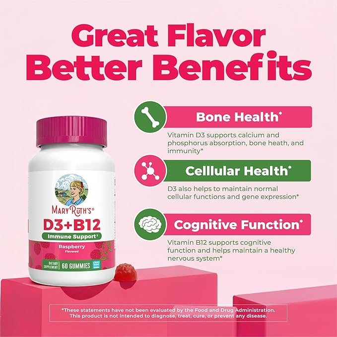 MARYRUTH'S Vitamin D3 + B12 Gummies for Ages 4+ | Sugar Free | Bone Health | Immune Support | Energy Metabolism | Cognitive Function | Vegan | Non-GMO | Gluten Free | 60 Servings | 2 Month Supply