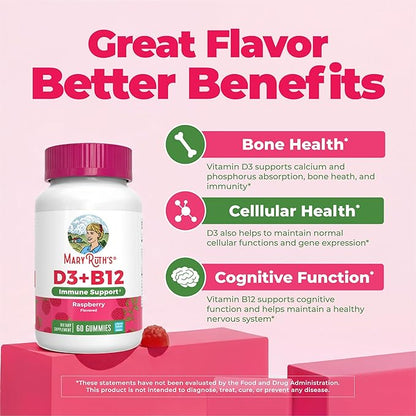 MARYRUTH'S Vitamin D3 + B12 Gummies for Ages 4+ | Sugar Free | Bone Health | Immune Support | Energy Metabolism | Cognitive Function | Vegan | Non-GMO | Gluten Free | 60 Servings | 2 Month Supply