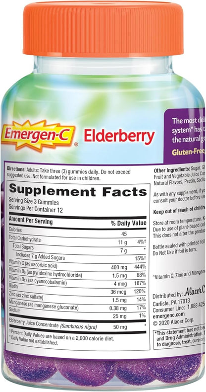 Emergen-C Elderberry Gummies, Elderberry Immune Support Natural Flavors with High Potency Vitamin C, Back to School Essentials - 36 Count