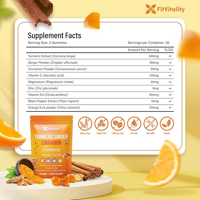 Premium 60 Turmeric Ginger Cinnamon Gummies – with Vitamin E, B12, Magnesium, Black Pepper Extract & Vitamin D3 – Orange Fruit Flavor - Vegan Gummies