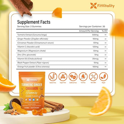 Premium 120 Turmeric Ginger Cinnamon Gummies – Vegan Gummies with Vitamin E, B12, Magnesium, Black Pepper Extract & Vitamin D3 – Orange Fruit Flavor