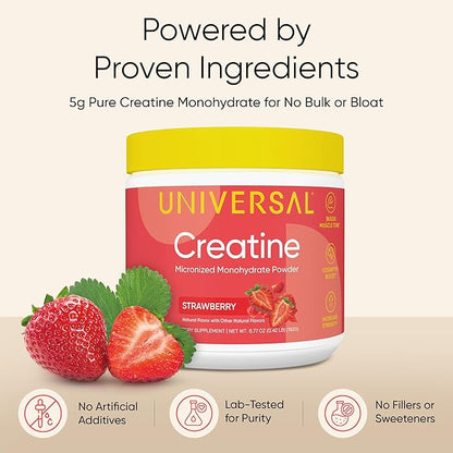 Universal U Creatine Monohydrate for Women - Flavored Creatine Powder, Female Strength, Energy, Lean Muscle Support and Recovery Supplement, No Bloat, No Bulk, 5g Per Serving, 30 Servings, Strawberry