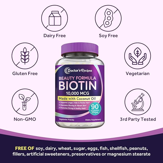 Doctor's Recipes Biotin 10,000 mcg, Hair Growth, Healthy Skin & Nails, Energy Metabolism, Vegetarian-Friendly Biotin, with Coconut Oil, Non-GMO, 3 Month Supply, 90 Vegetarian Softgels