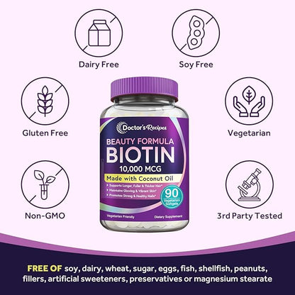Doctor's Recipes Biotin 10,000 mcg, Hair Growth, Healthy Skin & Nails, Energy Metabolism, Vegetarian-Friendly Biotin, with Coconut Oil, Non-GMO, 3 Month Supply, 90 Vegetarian Softgels