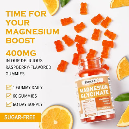Magnesium Glycinate Gummies 1000mg - Sugar Free Magnesium Potassium Supplement with Vitamin D, B6, CoQ10 for Calm Mood & Sleep Support - 60 Orange Gummies