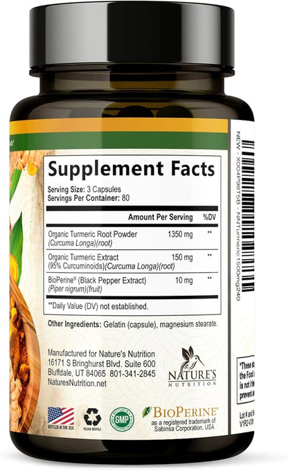 Turmeric Curcumin Supplement 1500mg - Organic Tumeric & BioPerine Black Pepper for Best Absorption with 95% Curcuminoids, Nature's Joint & Immune Support, Non-GMO, Bottled in USA - 240 Capsules