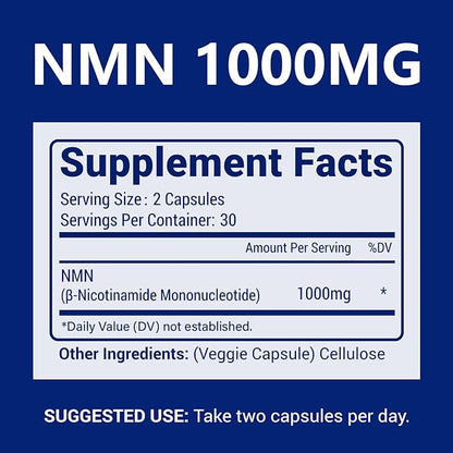 NMN 1000mg Per Serving Maximum Strength - 99% Pure NMN (Nicotinamide Mononucleotide) for NAD, Cell, Immune, Energy, Anti-Aging & Longevity, Stabilized NMN Supplements 1000mg - 60 Veggie Capsules