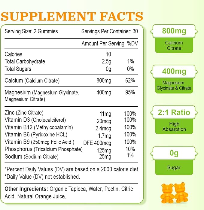 Calcium Magnesium Zinc Gummies with Vitamin D3 and K2, High Absorption Magnesium Glycinate Potassium for Immune and Calm Mood, Vegan Orange Flavor 120 Gummies
