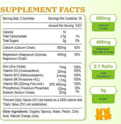 Calcium Magnesium Zinc Gummies with Vitamin D3 and K2, High Absorption Magnesium Glycinate Potassium for Immune and Calm Mood, Vegan Orange Flavor 120 Gummies