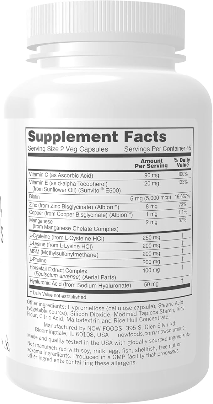NOW Foods Solutions, Vegan Hair, Skin & Nails, Nutritional Support with 5,000 mcg Biotin, 90 Veg Capsules